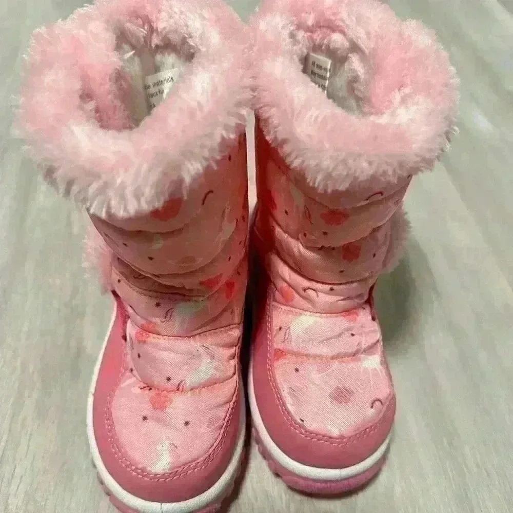 Unbranded Unicorn Snow Boots Kids Size 7 Toddler‎ Pink Excellent Faux Fur Trim